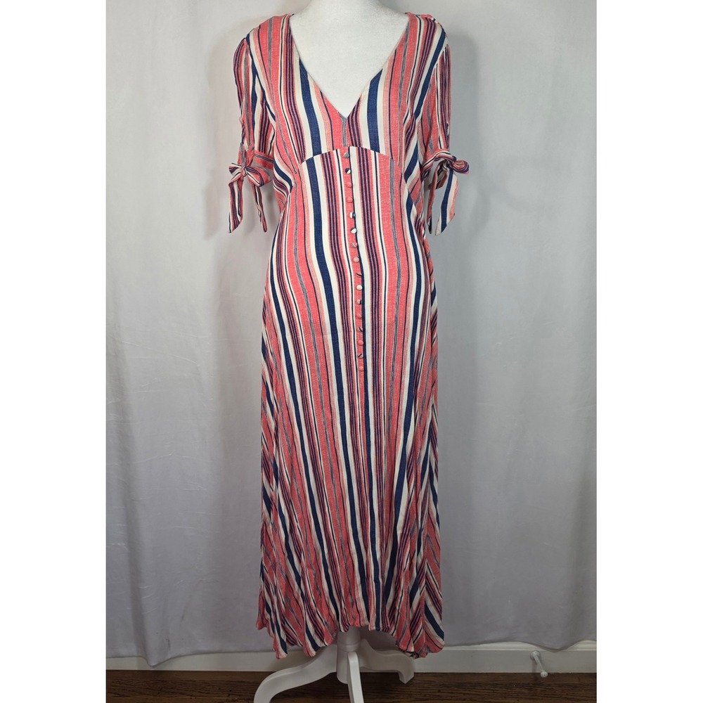 Umgee Coral Navy White Striped V-Neck Button Front High-Low Maxi Dress Size M